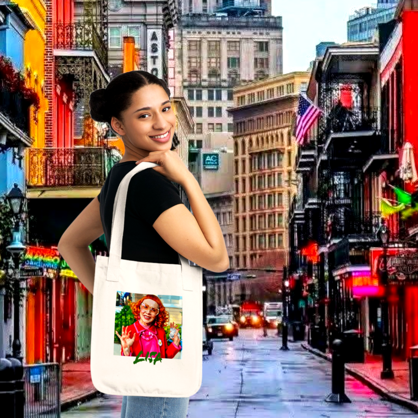Person carrying a custom Aunt Gladys horror gift tote bag in New Orleans, showing the long handles and spacious design.