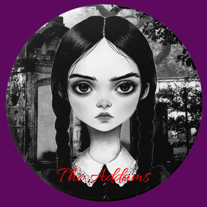 Set of 4 round ceramic coasters featuring black and white gothic Wednesday Addams illustrations with cork backing