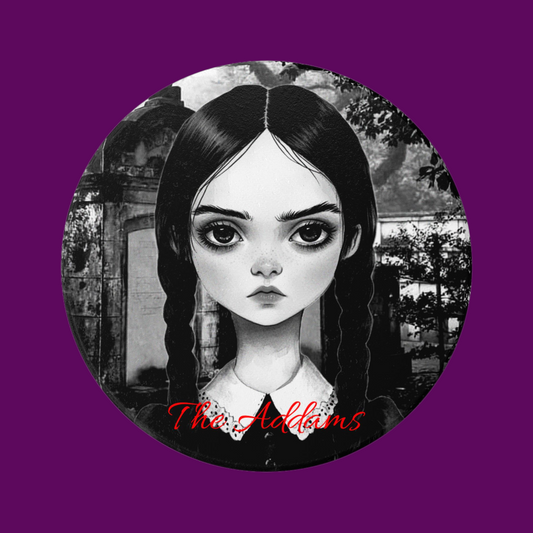 Set of 4 round ceramic coasters featuring black and white gothic Wednesday Addams illustrations with cork backing